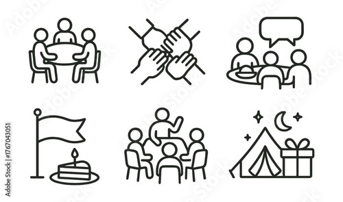 Line style icons of community gathering: round table, joined hands, shared meal, speech icon, banner flag, storytelling scene,