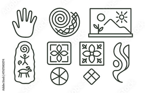 Line style icons of symbolic art: handprint, woven spiral, stone carving, mural icon, painted tile, geometric sign, color wheel,