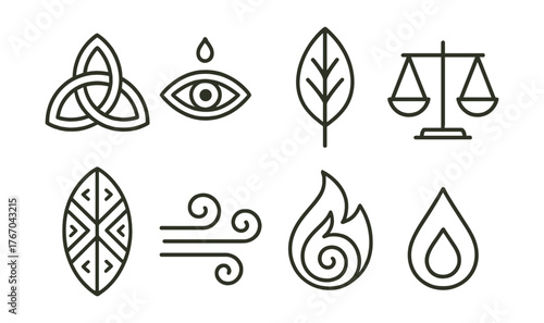 Line style icons of cultural symbols: unity knot, wisdom eye, peace leaf, balance scale, tribal shield, spirit wind, flame spiral,