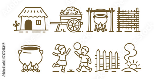 Line style icons of village life: clay house, harvest wagon, cooking pit, weaving wall, family pot, children’s play, handmade