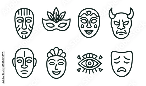 Line style icons of cultural masks: wooden mask, feathered mask, painted mask, horned mask, ritual face, festival mask, tribal eye
