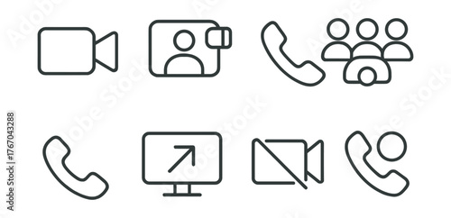 Line style icons of video and calls: video camera icon, video call, call button, group call, end call, screen share, camera on/off