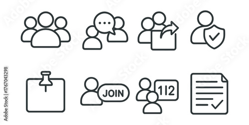 Line style icons of community interaction: community icon, group chat, shared post, admin badge, pinned topic, join button, member