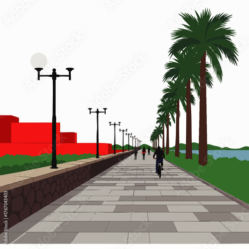 A vibrant illustration captures a coastal promenade with cyclists, palm trees, and a red wall, evoking a sense of leisure and outdoor activity.