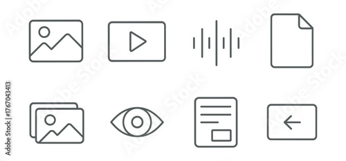 Line style icons of multimedia previews: photo thumbnail, video preview, audio bar, file icon, gallery row, preview icon, document