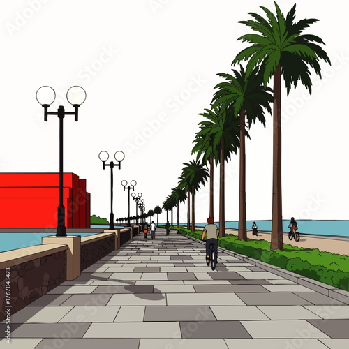 A vibrant illustration captures a sunny seaside promenade with palm trees, cyclists, and a scenic view of the ocean on a bright day.