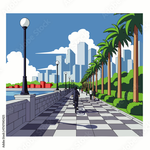 A vibrant illustration captures a sunny day at a seaside promenade, featuring palm trees, cyclists, and city buildings under a bright blue sky.