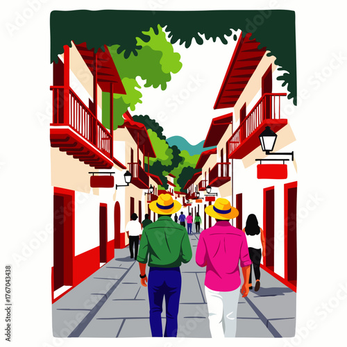Two people stroll down a vibrant street lined with buildings featuring red accents, enjoying a sunny day in a charming town.