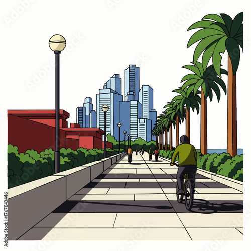 A vibrant illustration captures a cyclist enjoying a ride along a sunny city promenade with palm trees, buildings, and a bright sky.
