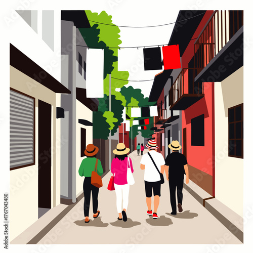 A colorful illustration depicts a group of tourists exploring a vibrant street adorned with flags and buildings, capturing the essence of travel.