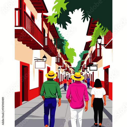 A vibrant illustration captures a sunny day in a charming town, featuring people strolling along a street lined with colorful buildings and balconies.