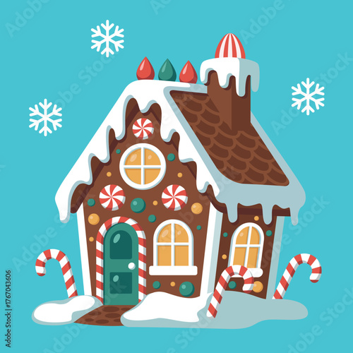 Cute illustration of Christmas Gingerbread House. Christmas Gingerbread with candies. Symbol of Christmas. Christmas card. Winter holidays. Vector isolated illustration