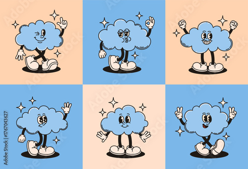Set of groovy cloud characters in retro style. Flat vector illustration.
