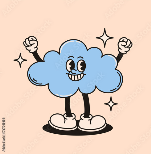 Groovy cloud character in retro style. Flat vector illustration.