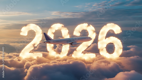 White airplane flies through glowing cloud numbers 2026 in sunset sky flying