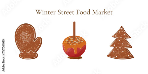 Christmas treats collection. Flat illustration of caramel apple with nuts and gingerbread mittens with trees on clean white background. Winter vector set for banners, cards, social media