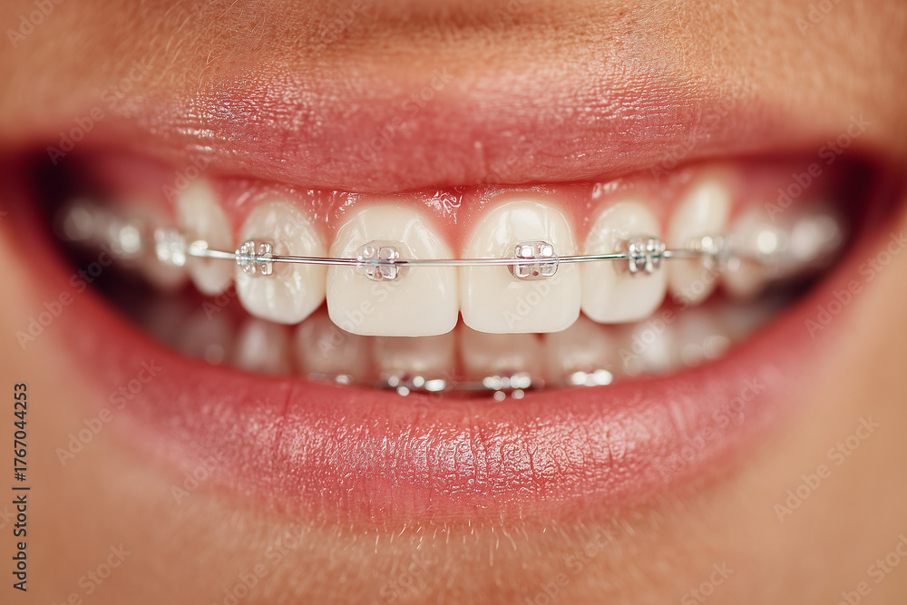 Obraz premium Close up of a woman mouth with braces.