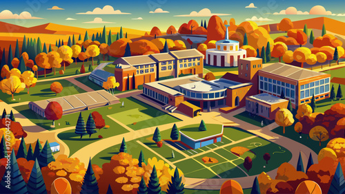 Very beautiful, aerial view of the University of Warwick campus surrounded by trees in autumn colors, scenic academic landscape, golden foliage, peaceful environment, and inspiring educational atmosph