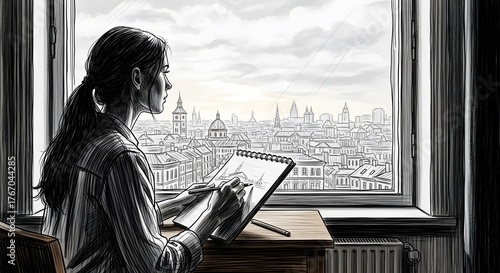 An artist sketching a cityscape from a window, capturing the urban panorama in a sketchbook drawing.