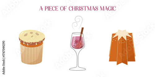 Traditional italian holiday set. Flat illustration of pandoro cake, panettone and mulled wine isolated on clean white background. Christmas vector illustration for greeting cards, banners