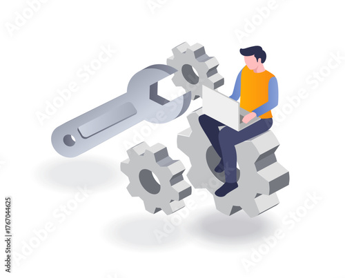 3d man with wrench and gear