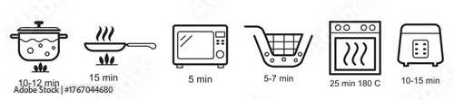 Kitchen appliance symbols linear icons with temperature and timer for food preparation. Includes oven, frying pan, slow cooker, pot, deep fryer, and microwave. Editable stroke.