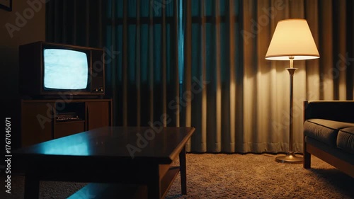 Vintage living room with retro tv and cozy lamp in dimmed atmosphere