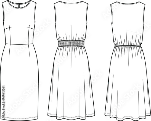 Sleeveless dress vector illustration, front and back view, fashion sketch, sheath and flared styles, technical garment drawing, apparel template, flat design