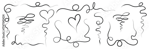 Swirls, looping threads, vector lines. Wavy lines with smooth curves. Curved line drawn by hand in black ink. Frame or border for decoration and Valentines day. Vector illustration.