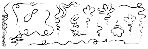 Swirls, looping threads, vector lines. Wavy lines with smooth curves. Curved line drawn by hand in black ink. Frame or border for decoration. Vector illustration.