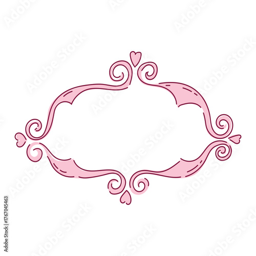 A delicate pink frame with curls and hearts for Valentine's Day for a little princess. Vector element in a coquette aesthetic for weddings, invitations, personal diary, and scrapbooks.