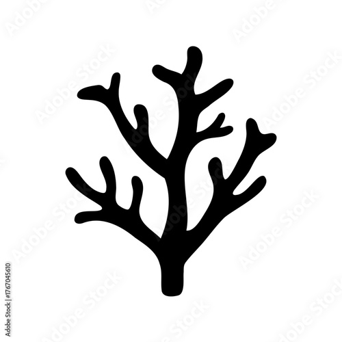 Silhouette of Black Coral Isolated on White Background, Minimalist underwater plant