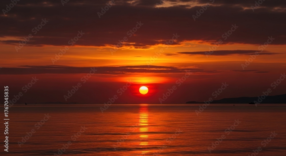 Obraz premium Fiery sun setting over a calm ocean reflects vibrant colors across the water.