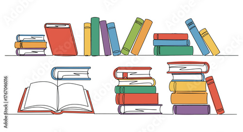 Colorful collection of books stacked and displayed on white shelves