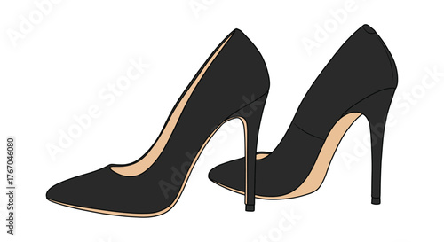 Illustration of a pair of elegant black high heel shoes with tan soles