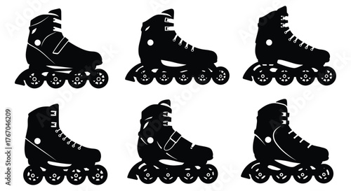 Black and white silhouettes displaying inline roller skates in various angles