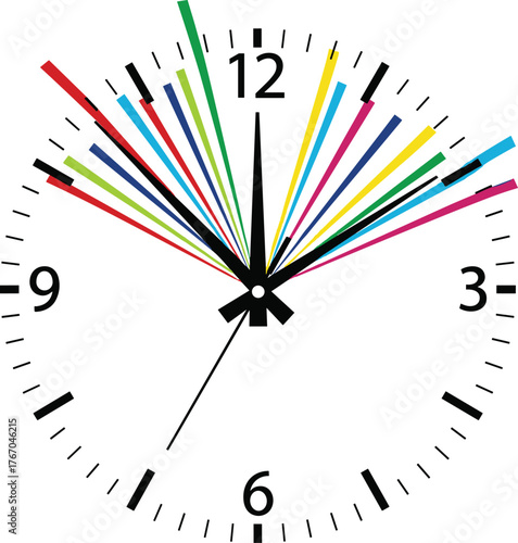 Abstract clock face with colorful streaks representing time and ideas radiating outward