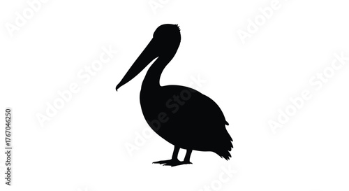 A simple black silhouette of a pelican standing in profile view