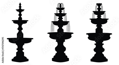Black silhouette illustration of three tiered ornate water fountains