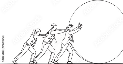 Determined team collaborates pushing a massive sphere uphill representing shared goals and overcoming challenges with unified effort