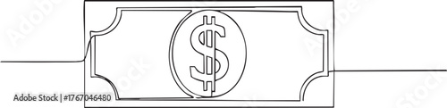 Minimalist single line drawing of a dollar bill, symbolizing finance, wealth, and economic prosperity for business concepts.