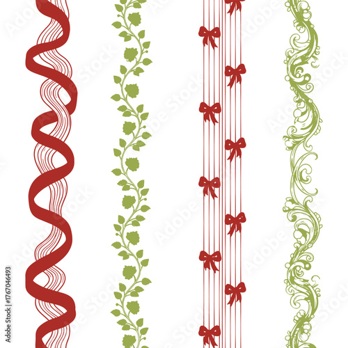 Collection of four decorative borders with festive ribbons floral patterns and bow embellishments on a white background