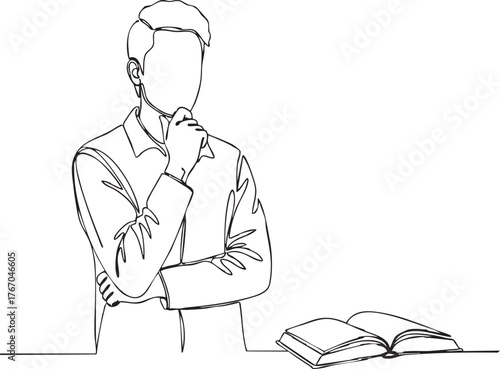 Thoughtful businessman contemplating ideas with open book, symbolizing knowledge and intellectual pursuit in a minimalist style