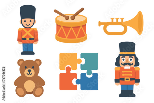 Festive toy collection for childrens playtime and enjoyment. Set of 6 Christmas vector illustration