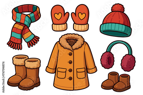 Cozy winter clothing for children with colorful accessories. Set of 6 Christmas vector illustration