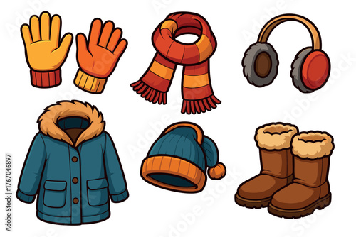 Winter clothing accessories for cold weather fun. Set of 6 Christmas vector illustration