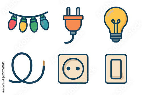 Decorative lighting elements for festive celebrations and events. Set of 6 Christmas vector illustration