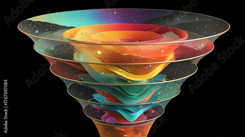 Vibrant abstract funnel vortex with swirling cosmic colors and sparkling star clusters, a dynamic representation of data flow or cosmic phenomena.
