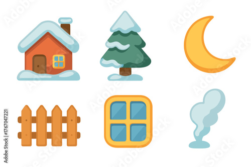 Winter scene with cozy house, pine tree, and moonlit sky. Set of 6 Christmas vector illustration