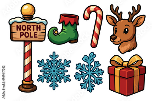 Festive decorations with North Pole sign, reindeer, gifts. Set of 6 Christmas vector illustration